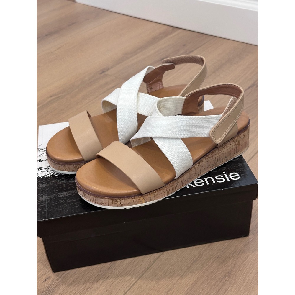 Kensie Palermo Tan White Elastic Crisscross Cork Platform Wedge Sandals Size 9